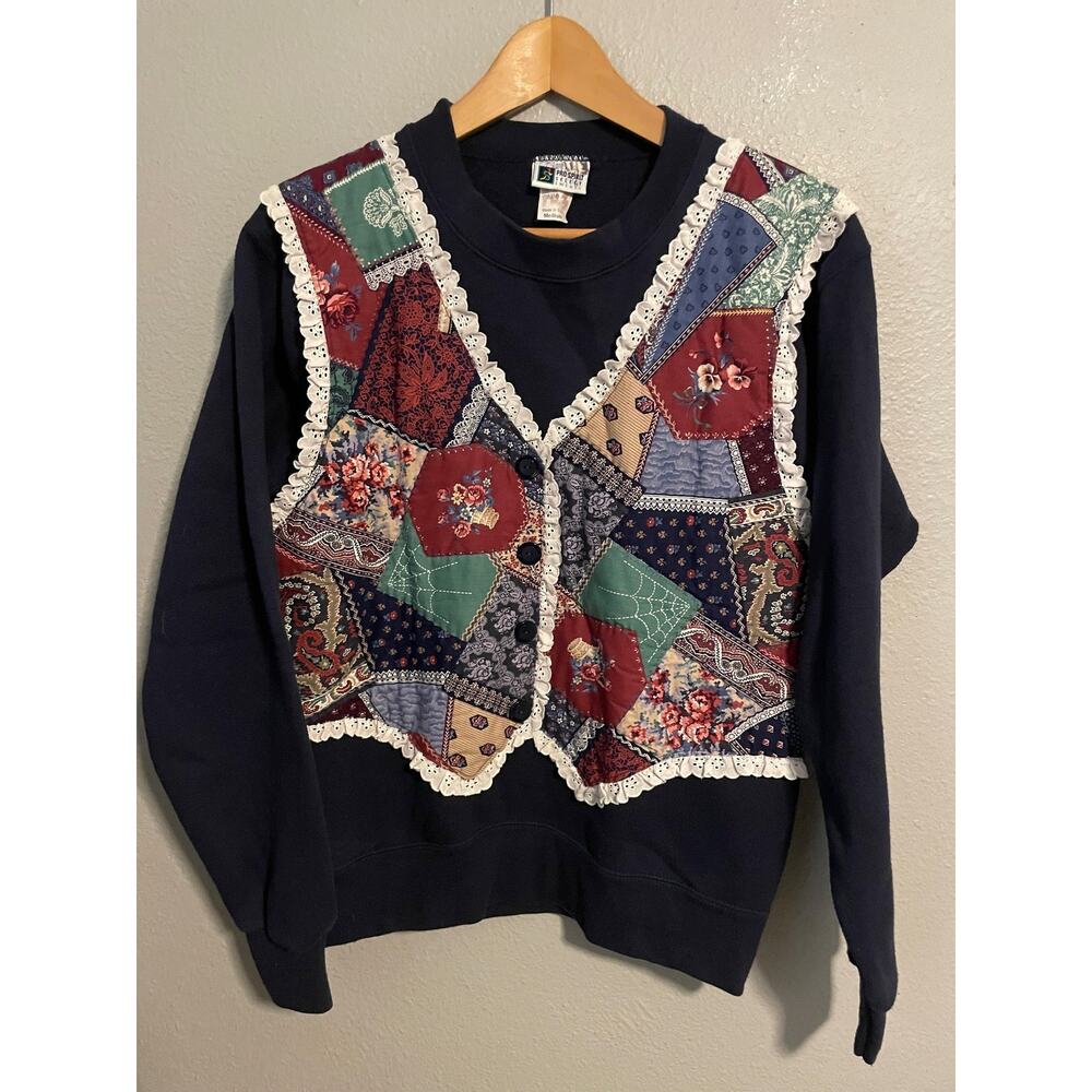 VTG Pro Spirit Sweatshirt Womens Medium Navy Patchwork Granny Cottagecore 90s
